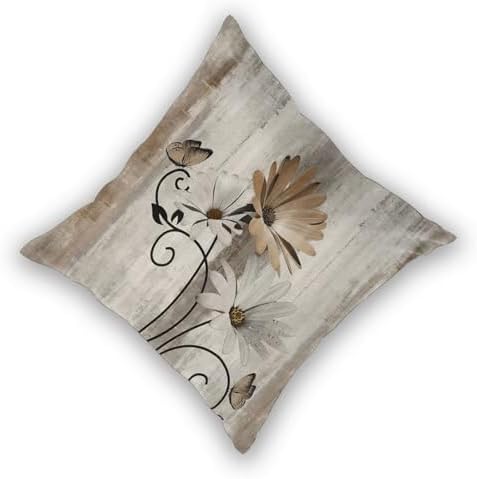Brown Floral Pillow Covers 20 x 20 Inch Set of 2 Daisy Floral Butterfly Decorative Throw Pillow Covers Linen Rustic Farmhouse Cushion Cases for Home Sofa Couch Living Room Decor