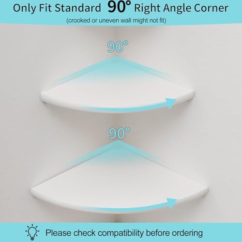 Corner Shelf, White Floating Corner Shelf, Set of 2 7inch Solid Oak Wood Corner Wall Shelves, Round End Wall Mount Display Shelf with Wire Hole for Small Plant for Bedroom Kitchen, Living Room