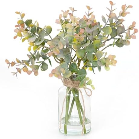 Muhanjia Artificial Eucalyptus Stems in Glass Vase with Faux Water,6Pcs Grey-Orange Fake Plant for Centerpiece (Grey-Orange Eucalyptus)