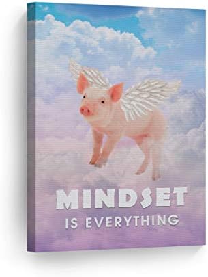 Smile Art Design Mindset is Everything Cute Pig with Wings Flying in Sky Motivational Canvas Wall Art Inspirational Wall Art Entrepreneur Quote Print Office Living Room Decor Gift Ready to Hang 17x11