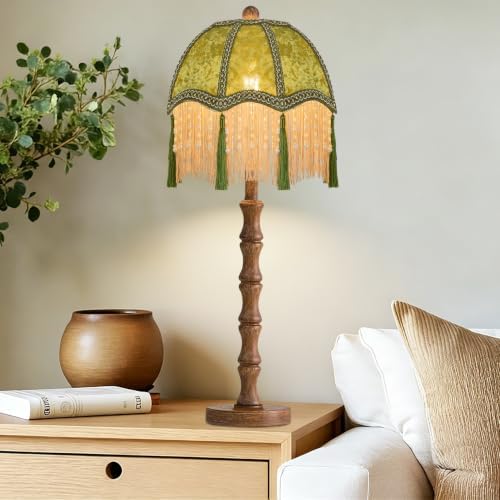 Vintage Table Lamps For Living Room Dimmable Retro Bedside Nightstand Lamps With Victorian Fringe,Small Wood Tall Desk Table Light Mid Century Modern Table Lamp for Bedroom Living Room