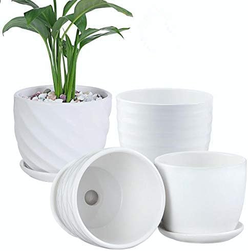 sietpoek 4.7” Ceramic Plant Pots with Drainage and Saucer 4PCs White | White Ceramic Flower Pots with Drainage Hole and Saucer, Decorative Planter for Indoor Outdoor Garden Plants Succulen