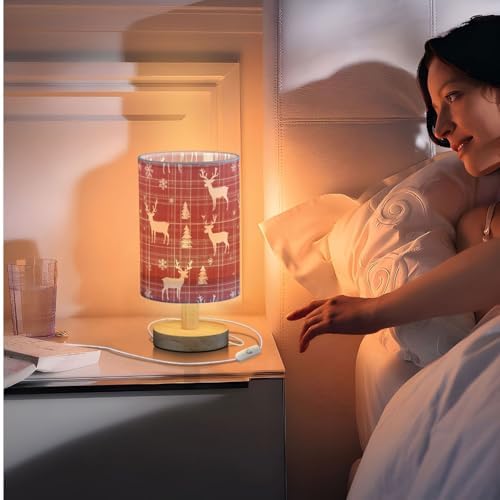 Christmas Reindeer and Snowflakes Plaid Bedside Table Lamps with USB Port for Bedroom Lamp Table Lamp Small Nightstand Lamp Sturdy Linen Shade Wooden Decorative Lamps for Home Dorm Office Living Room
