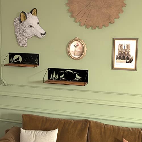 Giftgarden Floating Shelves for Wall with Unique Howling Wolves Cutout, Rustic Wolf Decor Wood Iron Hanging Shelf Decoration for Bedroom Bathroom Storage Cabin Lodge, Black