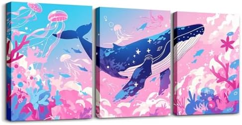 Feelyou Pretty Whale 3 Piece Canvas Wall Art for Living Room Bedroom Pink Blue Ocean Wall Art for Home Decor Jellyfish Office Wall Decor Dreamy Ocean Wall Painting