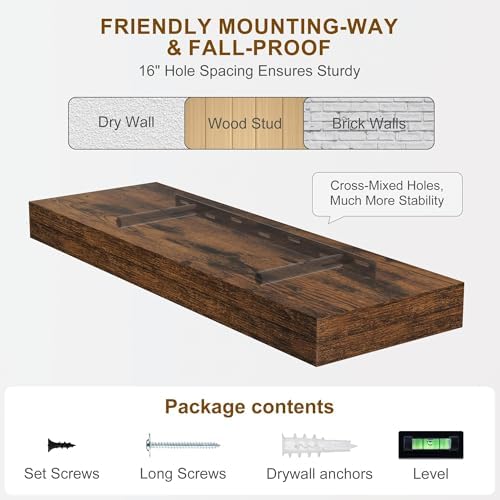 Fun Memories 72Inch Floating Shelves,Wall Mounted Rustic Wood Floating Shelf with Invisible Brackets for Storage & Decor,2 Pack Shelves for Bathroom,Bedroom and Kitchen,Brown