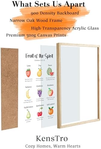 KensTro 12x16 Oak Framed Fruit of the Spirit Scripture Wall Art | Natural Oak Wood Frame with Galatians 5:22-23 Fruit Illustrations, Inspirational Christian Decor for Bedroom or Prayer Space