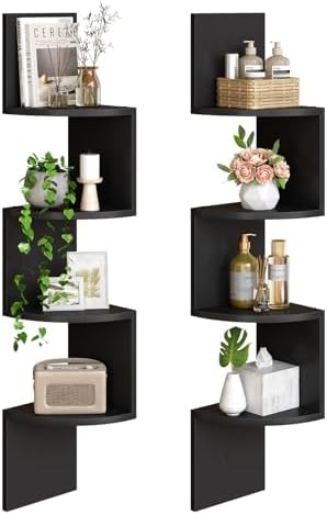 HOOBRO Corner Shelf Wall-Mounted, Set of 2 Floating Corner Shelves for Wall, 4-Tier Corner Bookshelves for Living Room, Bedroom, Bathroom, Home Office, Black BK25BJP201