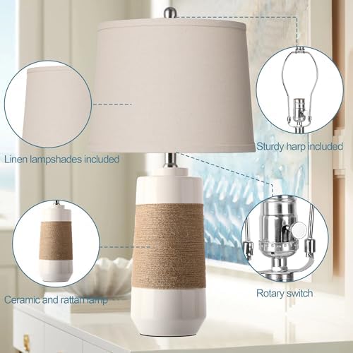 Hamucd White Boho Ceramic Lamps with Rope for Living Room Set of 2 Nautical Rattan Coastal Bedside Table Lamps for Bedroom Beach Nightstand Lamps with 2 Bulbs