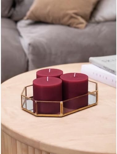 CANDWAX 3x3 Pillar Candles Set of 3 - Rustic Unscented No Drip Burgundy Candles for Home Decor, Weddings, Centerpieces