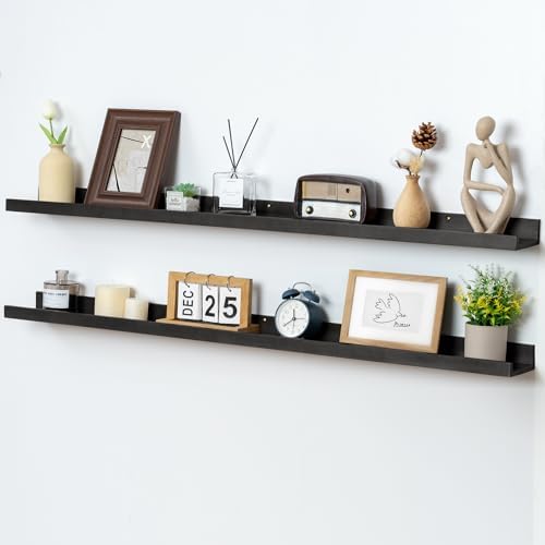 FLYJOE Picture Ledge Shelf, Floating Shelves Set of 2, Solid Ash Wood 48'' Long Large Nursery Book Shelves for Toys Storage, Kids Bookshelf for Living Room Bedroom Decor Books Photo Frames, Black