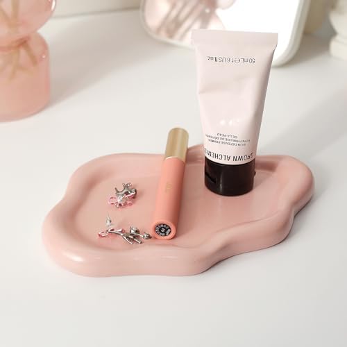 Jewelry Dish Trinket Tray for Women, Ring Dish Holder, Unique Cloud Shape Ceramic Plate Cute Things Vanity Aesthetic Room Decor Mother's Day Birthday (Pink)