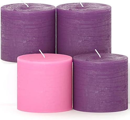 CANDWAX 3x3 Inch Advent Pillar Candles Set of 4 - Long Burning Dripless Unscented Pillar Candles - Rustic Style for Advent Wreaths, Christmas Décor - 3 Purple and 1 Pink Pillars