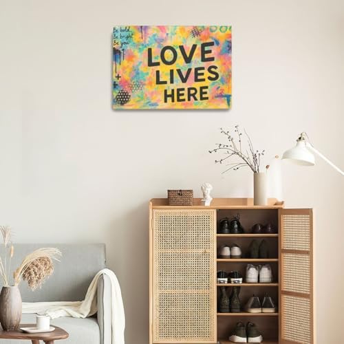 Crekviy Banksy Wall Art Street Graffti Wall Decor Romantic Love Canvas Prints Painting Love Lives Here Artwork Decorations for Bathroom Bedroom Living Room Framed Gifts 16"x24"