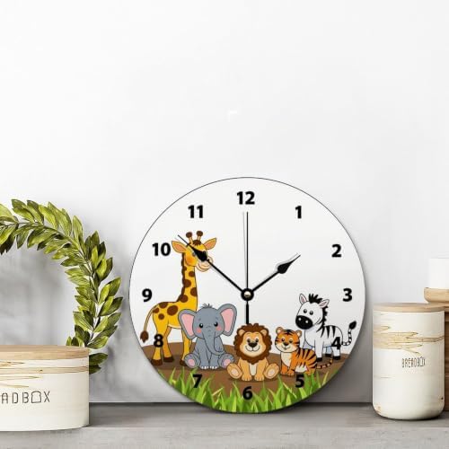 Cute Jungle Baby Animal Wall Clock for Kids Funny Nursery Wood Clock