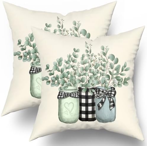 Eucalyptus Leaves Throw Pillow Covers Set of 2 Spring Green Botanical Plaid Jar Vase Print Decorative Pillowcase Summer Seasonal Natural Farmhouse Cushion Cover for Home Sofa Bedroom Porch 18x18 in