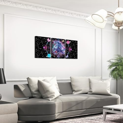 Feelyou Galaxy Unicorn 3 Piece Canvas Wall Art for Living Room Bedroom Solar System Wall Art for Home Decor Sun Moon Office Wall Decor Space Outer Sky Wall Painting