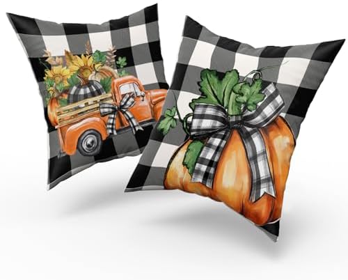 Giwawa Fall Pillow Covers Set of 2, Orange Autumn Truck Pumpkins Throw Pillowcases 18x18 Inches with Black White Buffalo Plaids, Soft Cotton Square Cushion Cover for Sofa Couch Bedding Home Decor