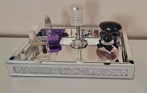 Wocred Mirror Jewelry Organizer fits Dresser Bedroom,Crushed Diamond Bathroom Tray with Handles,Perfume Tray,Decorative Serving Tray for Coffee Table Decor(11”x15”x2”)