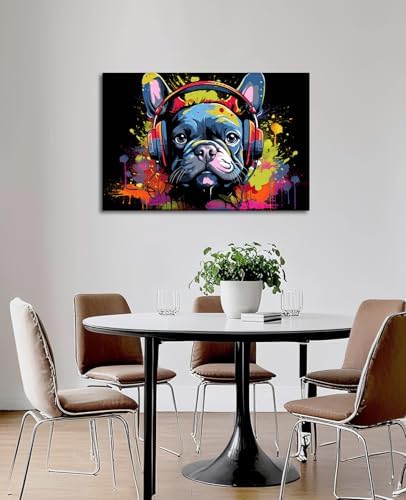 French Bulldog Wall Art Dog Wall Decor Black Poster Canvas Prints Graffiti Bulldog Wear Headphone Paintings for Living Room Bedroom Bathroom Home Office Decor Framed(Gog-4,12.00"x18.00")