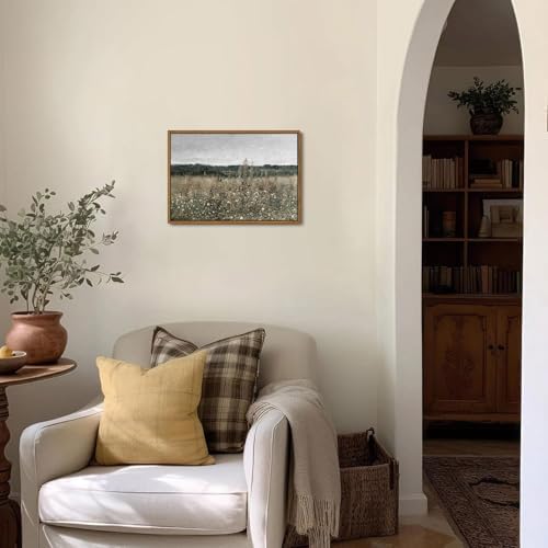 OIQArtOIQ Vintage Framed Wall Art Wildflower Field Meadow Canvas Art Prints Rustic Farmhouse Landscape Pictures Wall Decor Modern Cottagecore Paintings Artwork For Bedroom Bathroom Office Living Room