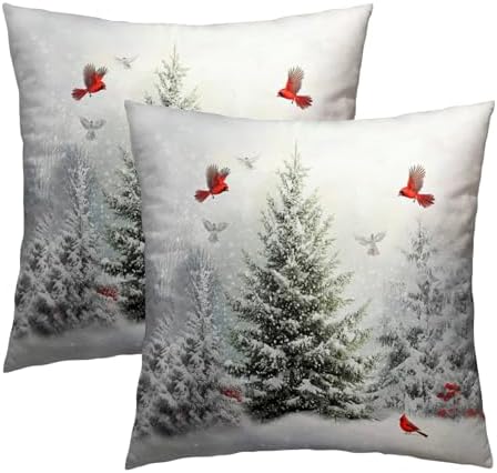 Winter Snowy Pine Tree Throw Pillow Covers 20x20 inch Set of 2 Xmas Red Cardinals Cotton Pillowcase Christma Snow Scene Flying Birds Cushion Cases for Home Sofa