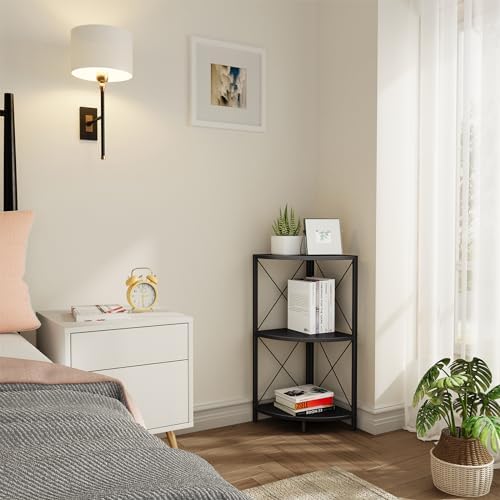 Snughome Corner Shelf with Metal Frame, 3 Tier Corner Storage Organizer, Freestanding Corner Bookshelf Stand Display Rack for Kitchen, Living Room, Black