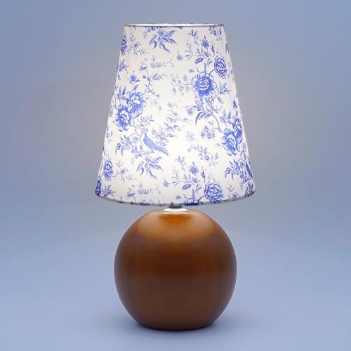 Vintage Wooden Night Lamp, Wood Base Fabric Lampshade, Adjustable Light Color and Brightness with Power-Off Memory, Safe USB Powered, Retro LED Table Light for Bedroom Living Room Office (BlueFlowers)