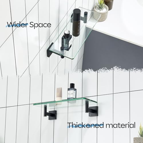 KOKOSIRI Bathroom Shelves Glass Floating Shelf 12-Inch for Bedroom Living Room Kitchen Hanging Rack Rustproof Wall Mounted Black 2 Pack B1105BK-L12-P2