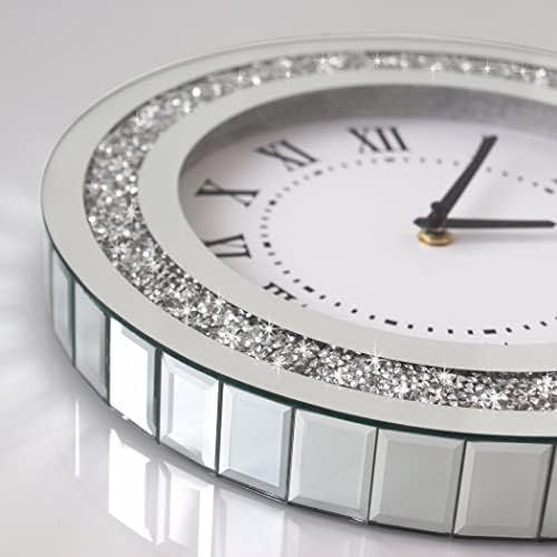 Silver Round Mirror Clock 12inch Crystal Sparkle Twinkle Bling Crush Diamond Mirrored Wall Clock for Wall Decoration Silver Glass Mirror Home Decor. AA Battery is not Included.
