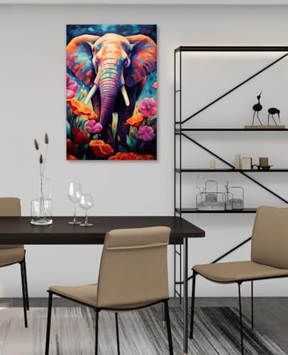 LYUNSHUO Elephant Canvas Wall Art Colorful Animal with Flowers Pictures Print Africa Wildlife Painting Modern Artwork for Home Wall Decor Ready To Hang(Elephant-11,16.00"x24.00")