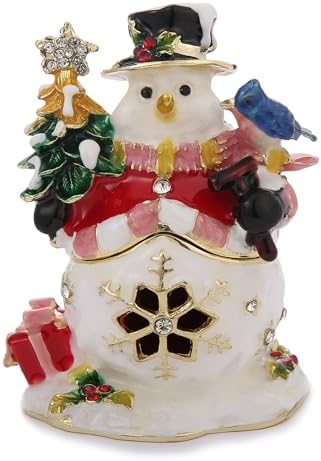 Hand Painted Christmas Trinket Box for Home Decor Accents, Enamel Hinged Jewelry Box for Bookshelf Office Table Desk Decor, Classical Figurine Collectible Keepsake Sculptures (White Snowman)