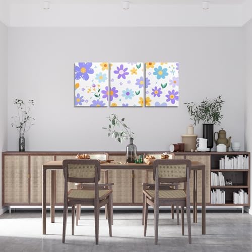 Feelyou Cute Flower 3 Piece Canvas Wall Art for Living Room Bedroom Cartoon Cute Floral Office Decor Artwork Purple Yellow Wall Art for Home Decor Kawaii Picture Posters
