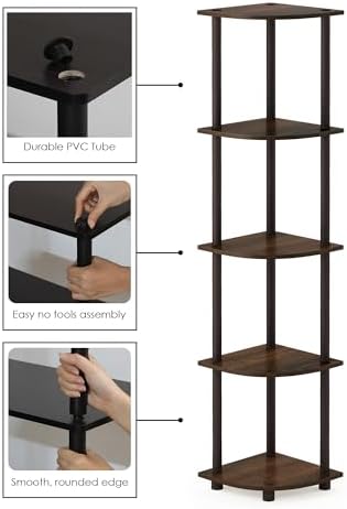 Furinno TURN-N-TUBE Corner Shelf, 5-Tier Corner Bookshelf, Open Storage Shelves, for Organization and Storage, Living Room, Home Office, Garage, Bedroom, Walnut