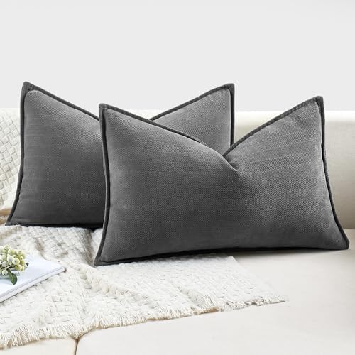 MIULEE Pack of 2 Dark Grey Decorative Lumbar Chenille Pillow Covers 12x20