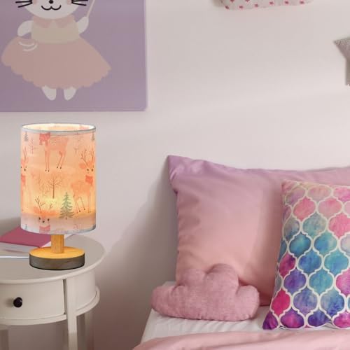 Winter Deer with Red Scarf Pine Tree Bedside Table Lamps with USB Port for Bedroom Lamp Table Lamp Small Nightstand Lamp Sturdy Linen Shade Wooden Decorative Lamps for Home Dorm Office Living Room
