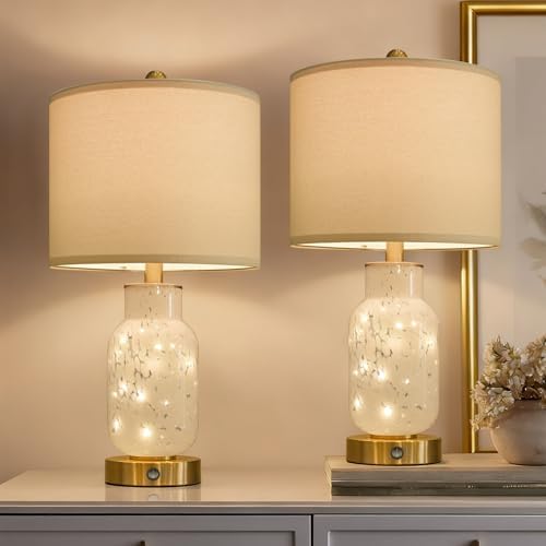 Oneach 22" Glass Table Lamps Set of 2 with Night Light for Bedroom, White
