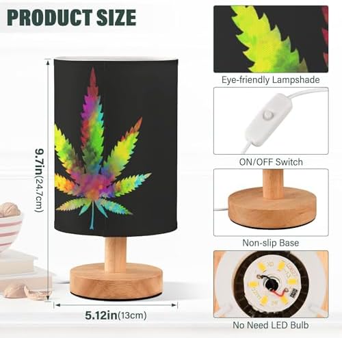 Rainbow Marijuana Leaf Cannabis Hemp on Black Table Lamp with Wood Base Fabric Lamp Shade Bedside Nightstand Desk Lamp for Living Room Bedroom Kids Room Office