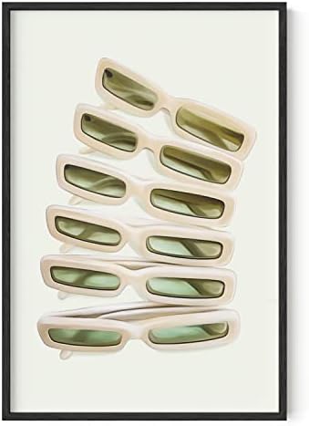 HAUS AND HUES Green Wall Art Sunglasses Decor Sage Room Aesthetic Cute Posters Glam Wall Art for Teen Girls (24" x 36" Framed Black)