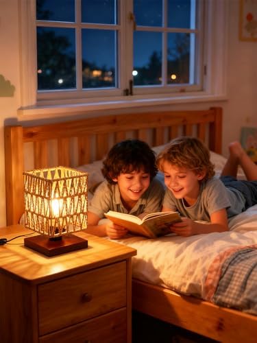 Boho Rattan Lamp for Bedroom,Small LED Bamboo Woven Lamps for Living Room