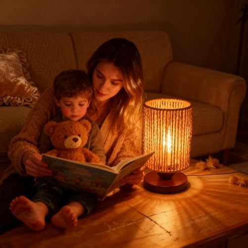 Handmade Rattan Lamp Boho Table Lamp for Bedroom, Stepless Dimming Small Woven Lamps for Night Stands with Warm White LED Bulb, Coastal Boho Lamp for Living Room Reading Nook Office Desk