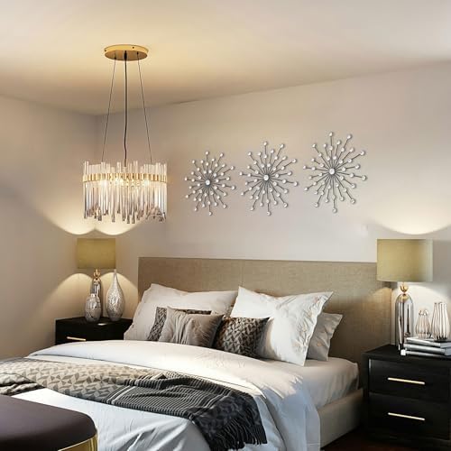 ZEXUIRU 3 Set Black Starburst Wall Art for Home Decor Metal Bling Crystal Rhinestones Sunburst Wall Decor Sparkling Rhinestone Art Accent Black - 18in