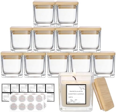 CONNOO 12 Pack 9oz Clear Glass Square Candle Jars with Bamboo Lids