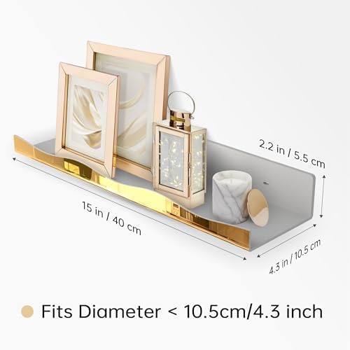 YMVV 15.7 in Large Golden Reflective Acrylic Mounted Floating Shelf, Perfume Organizer Shelf, Modern Bathroom Storage Toy Display Organizer Decor 4 Pack