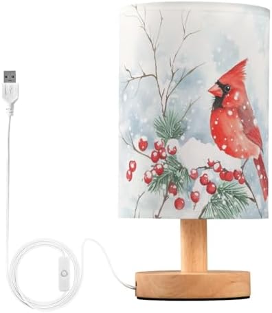 Winter Red Bird Green Pine Needle Red Berries Bedside Table Lamps with USB Port for Bedroom Lamp Accent Table Lamp Small Nightstand Lamp Sturdy Linen Shade Wood Decorative Lamps for Home|Kids|Holiday