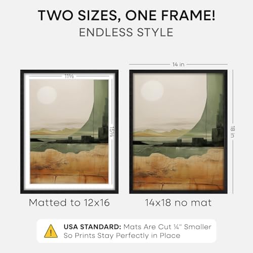 Homeforia 14x18 Black Oak Picture Frame, High-End Wood, 12x16 Mat, Glass