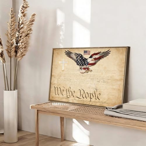 American Flag Framed Canvas Wall Art, 4th of July Patriotic Canvas Prints | USA Flag with Bald Eagle Poster Print, Vintage Independence Day Wall Decor for Bedroom Living Room 6×8in