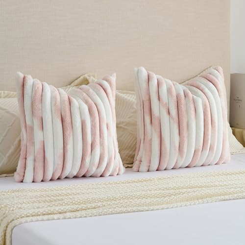 FUTEI Pack of 2 Faux Fur Throw Pillow Covers 22x22 Inch, Pink White