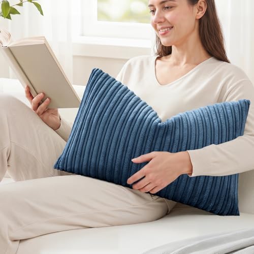 Kevin Textile Striped Corduroy 14”x24” Pillow Cover 1 Pack, Dusty Blue