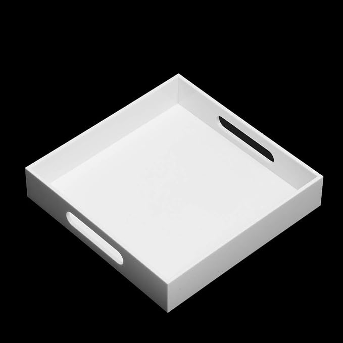 KEVLANG Glossy White Sturdy Acrylic Serving Tray with Handles-10x10Inch-Serving Coffee,Appetizer,Breakfast,Butler-Kitchen Countertop-Makeup Drawer Organizer-Vanity Table,Ottoman Tray-Decorative Tray